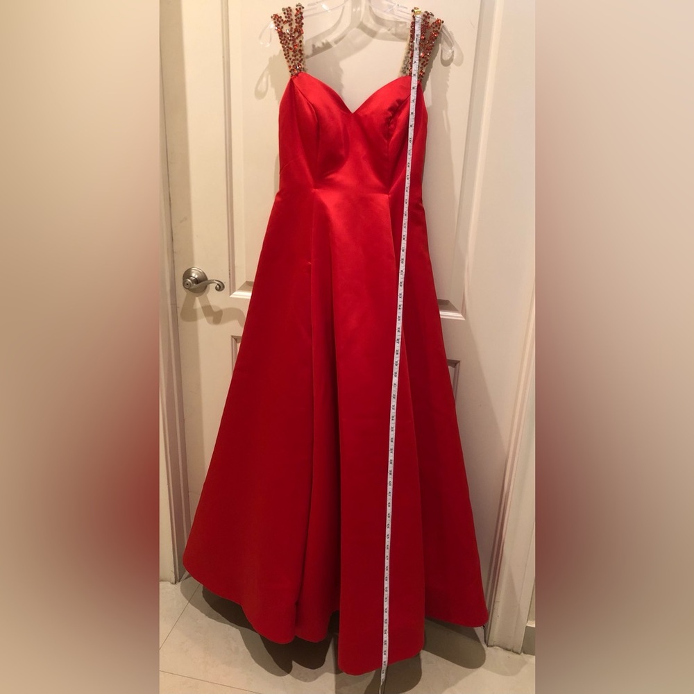 Red Long Dress BICICI & COTY Maxi A-line, beaded back/straps, wed, size S 4-6 - Picture 7 of 11
